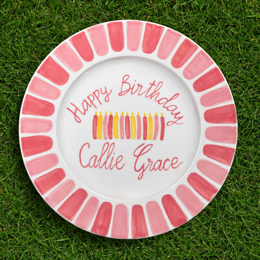 Personalized Birthday Plate for Girls – Hand Painted Ceramic with Pink Candles & Bold Border – Keepsake Gift for Baby or Toddler | P029