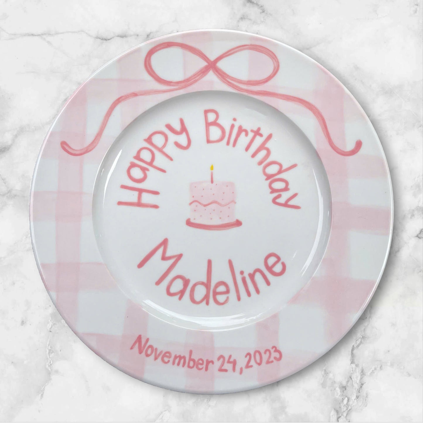 Personalized Pink Birthday Plate – Custom Name and Date – Hand Painted Ceramic Gift for Girls with Cake Ribbon Design as keepsake | P004