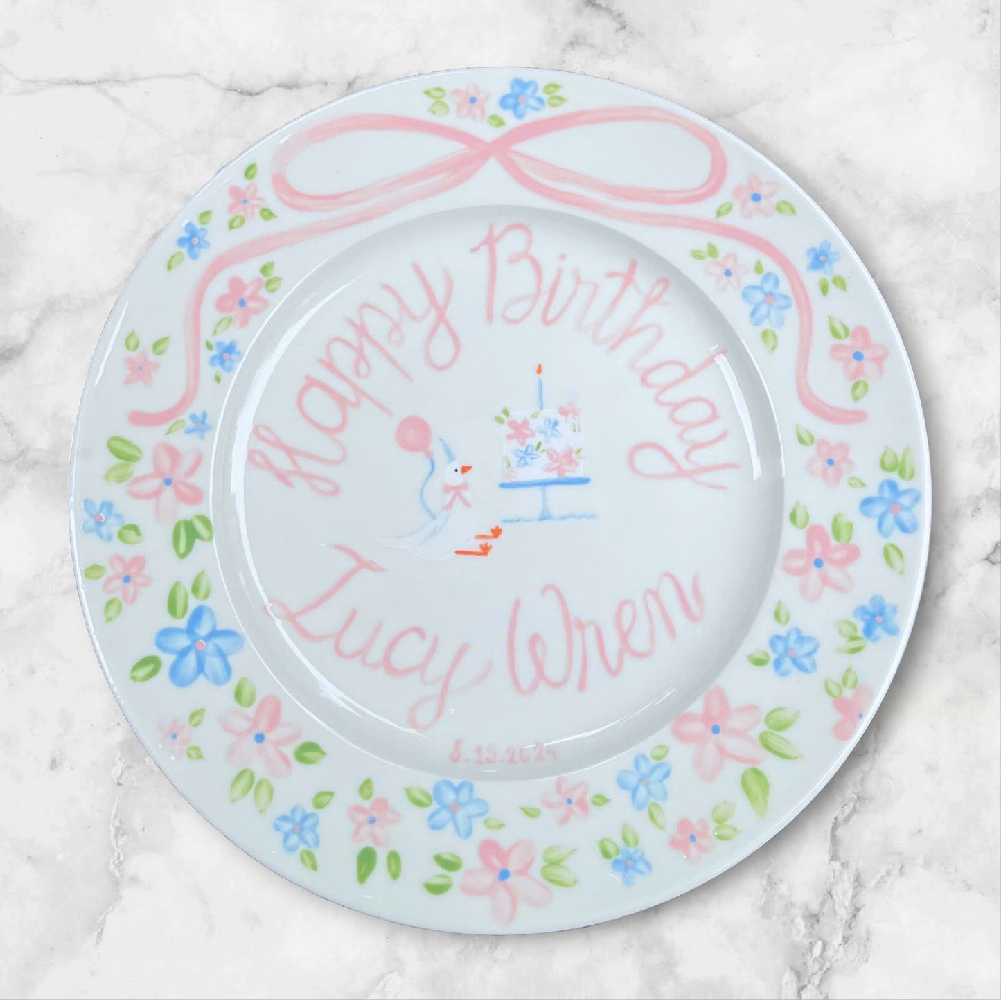 Personalized Birthday Plate for Baby Girl – Custom Floral Ceramic Plate with Duck, Cake and Name – Hand Painted 1st Birthday Keepsake | P017