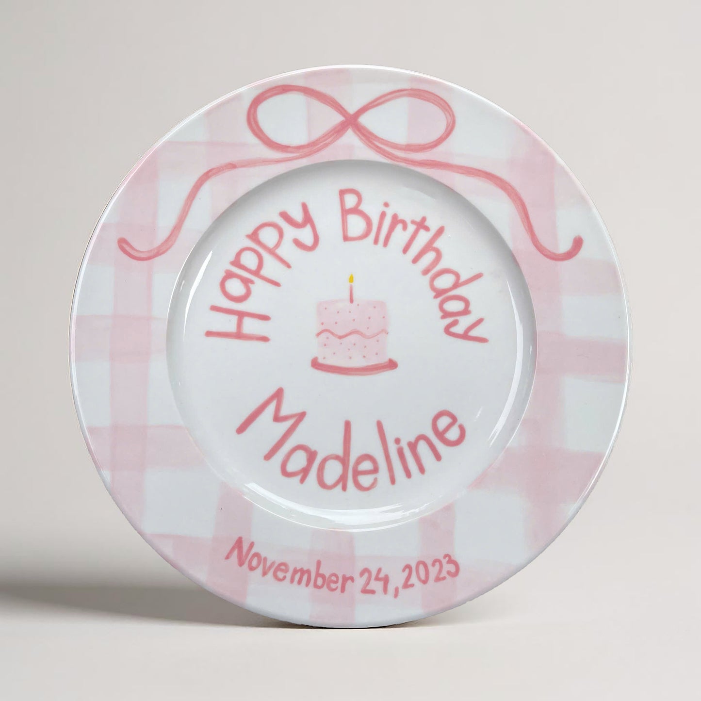 Personalized Pink Birthday Plate – Custom Name and Date – Hand Painted Ceramic Gift for Girls with Cake Ribbon Design as keepsake | P004
