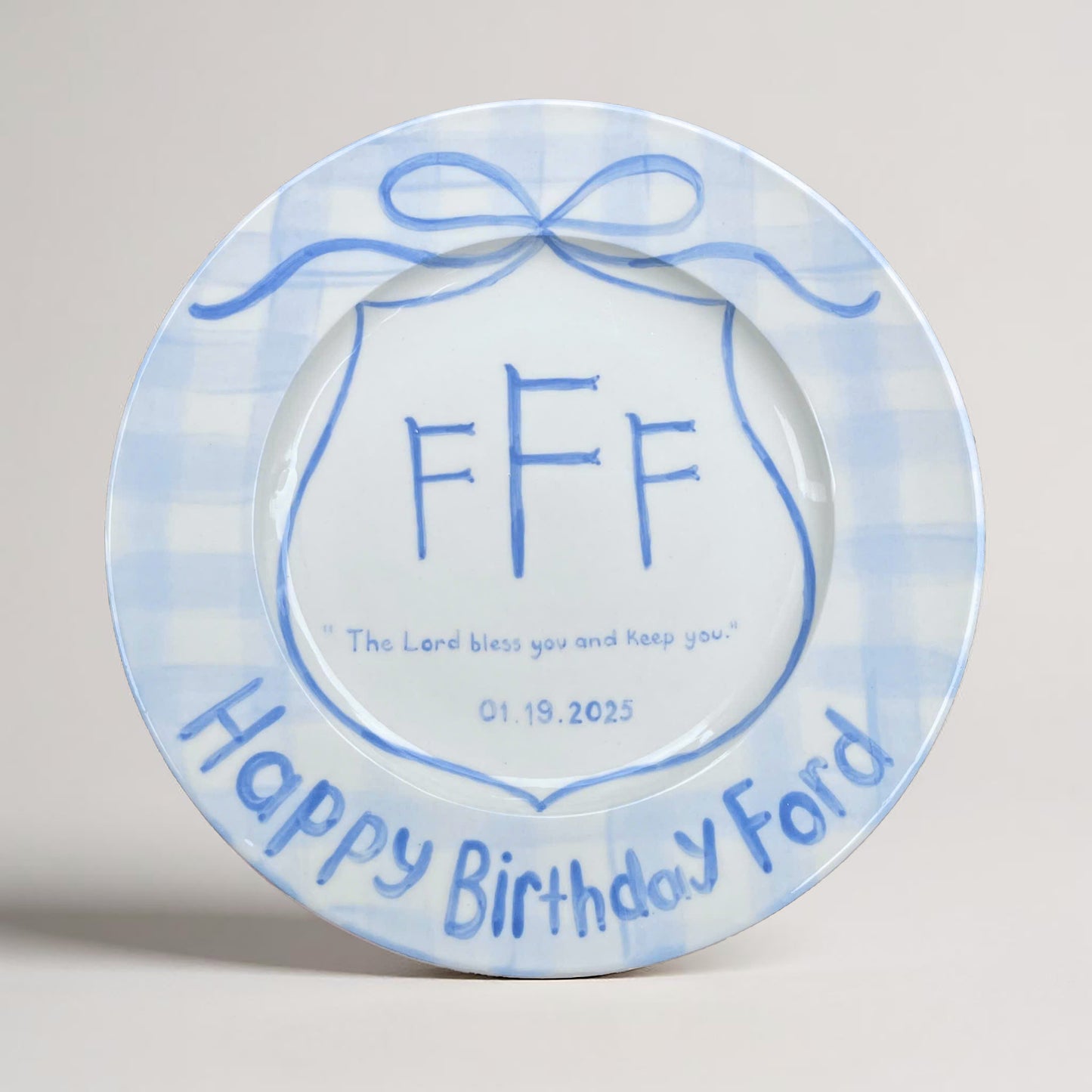 Custom Birthday Plate for Boys – Personalized Ceramic Plate with Name, Monogram, Gingham Blue Bow, Bible Verse – Gift for Kids | P013