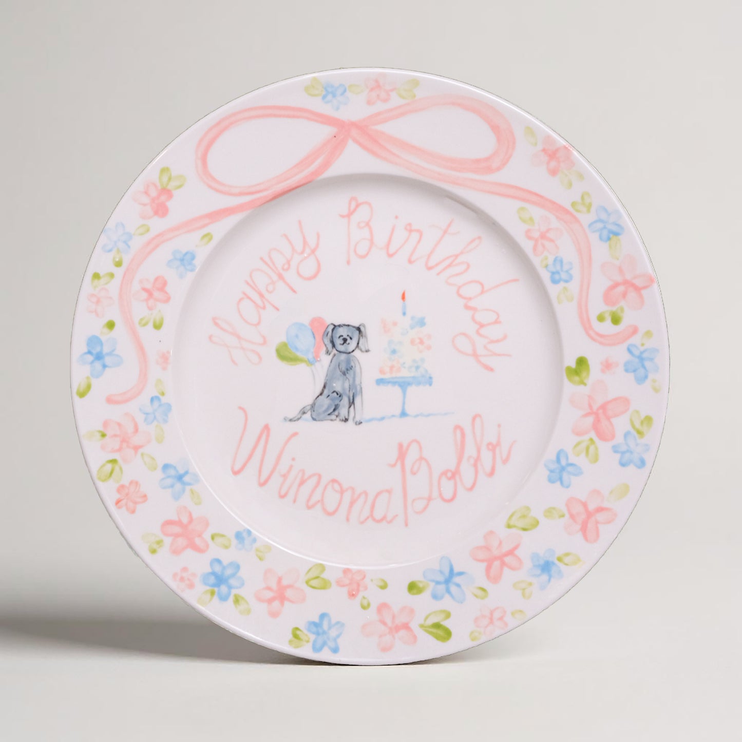 Personalized Birthday Plate with Dog and Cake – Custom Ceramic Plate for Baby Girl with Name, Floral Border and Bow–Keepsake Gift Idea |P019