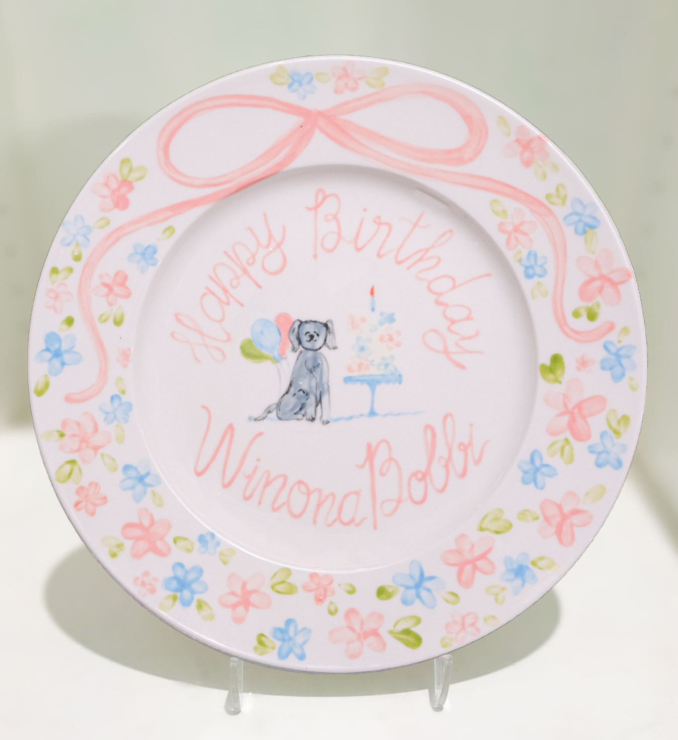 Personalized Birthday Plate with Dog and Cake – Custom Ceramic Plate for Baby Girl with Name, Floral Border and Bow–Keepsake Gift Idea |P019