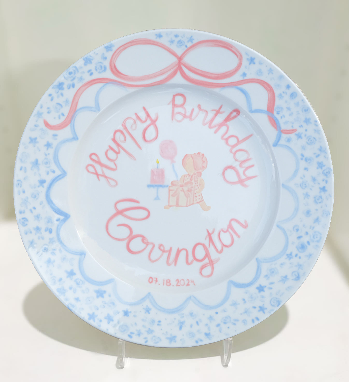 Personalized Birthday Plate for Baby Girl – Custom Ceramic Plate with Sitting Girl, Cake and Name – Hand Painted 1st Birthday Keepsake |P021