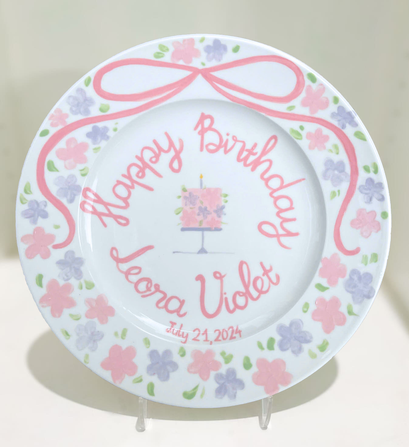 Personalized Birthday Plate for Baby Girl – Hand Painted Floral Ceramic Plate with Cake and Name – Custom Keepsake for 1st Birthday | P020