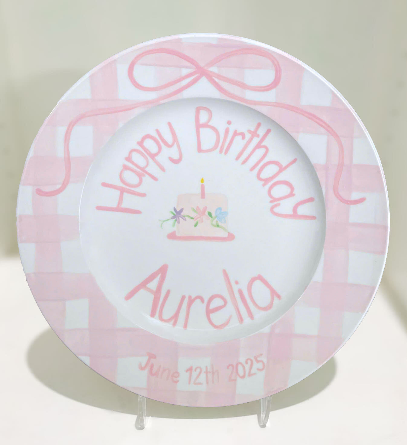 Personalized Birthday Plate for Baby Girl – Custom Pink Gingham Plate with Name, Cake and Bow – Hand Painted Ceramic Keepsake Gift | P018