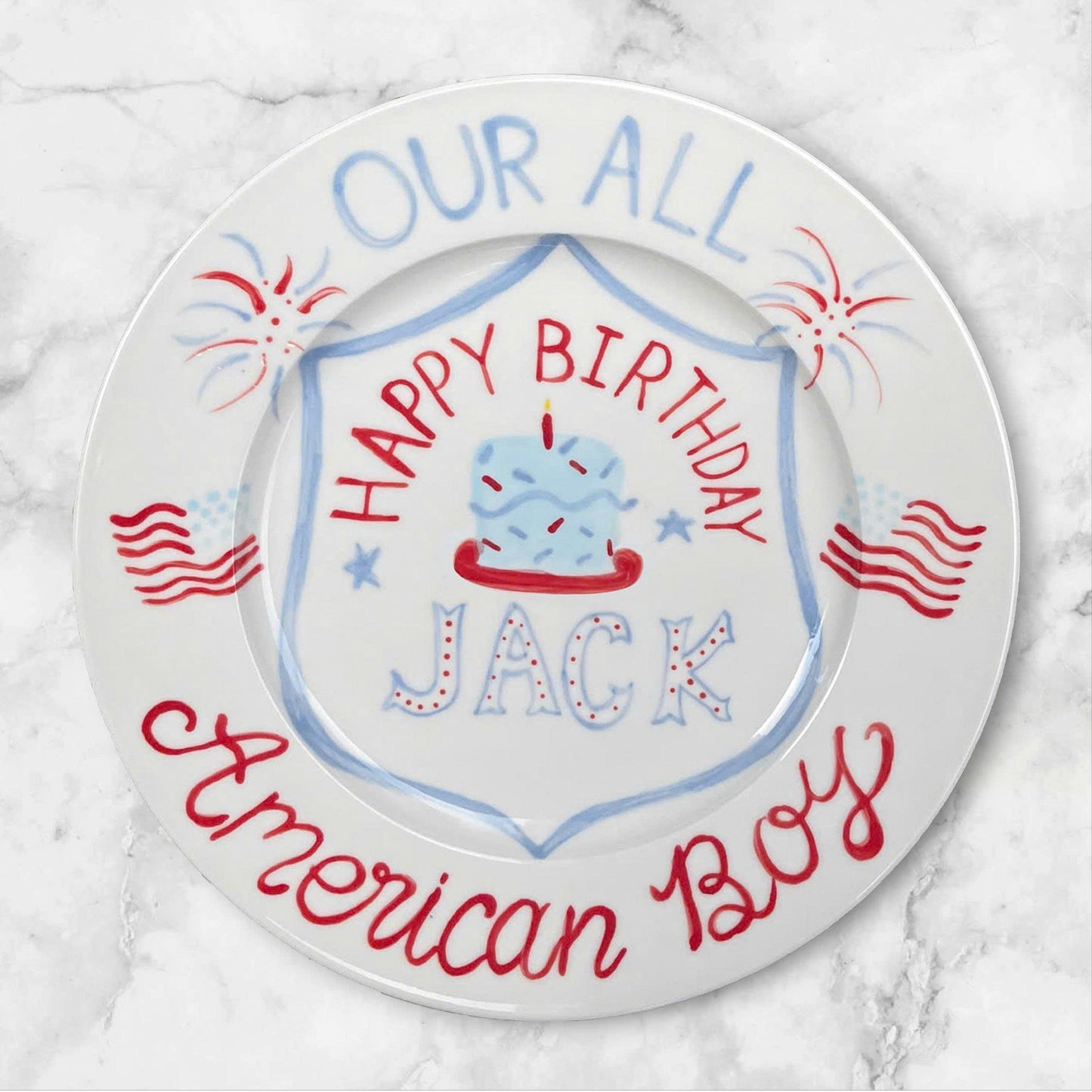Patriotic Birthday Plate for Boys – Custom Name Keepsake – USA Themed Hand Painted Ceramic Gift with Flags, Cake & Fireworks | P005