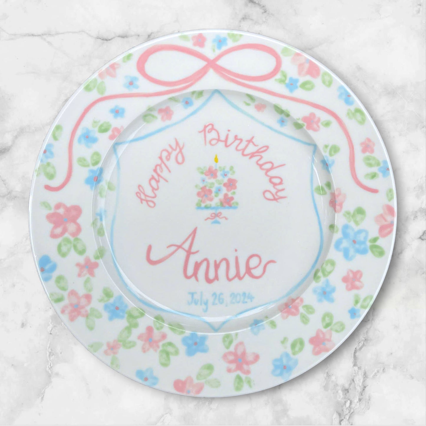 Custom Birthday Plate for Girls – Hand Painted Ceramic Plate with Name, Floral Cake Design, Ribbon Border – Personalized Gift Idea | P012