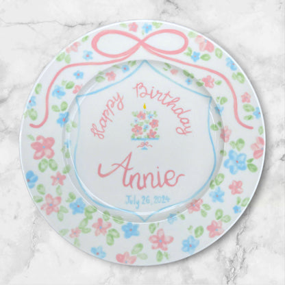 Custom Birthday Plate for Girls – Hand Painted Ceramic Plate with Name, Floral Cake Design, Ribbon Border – Personalized Gift Idea | P012