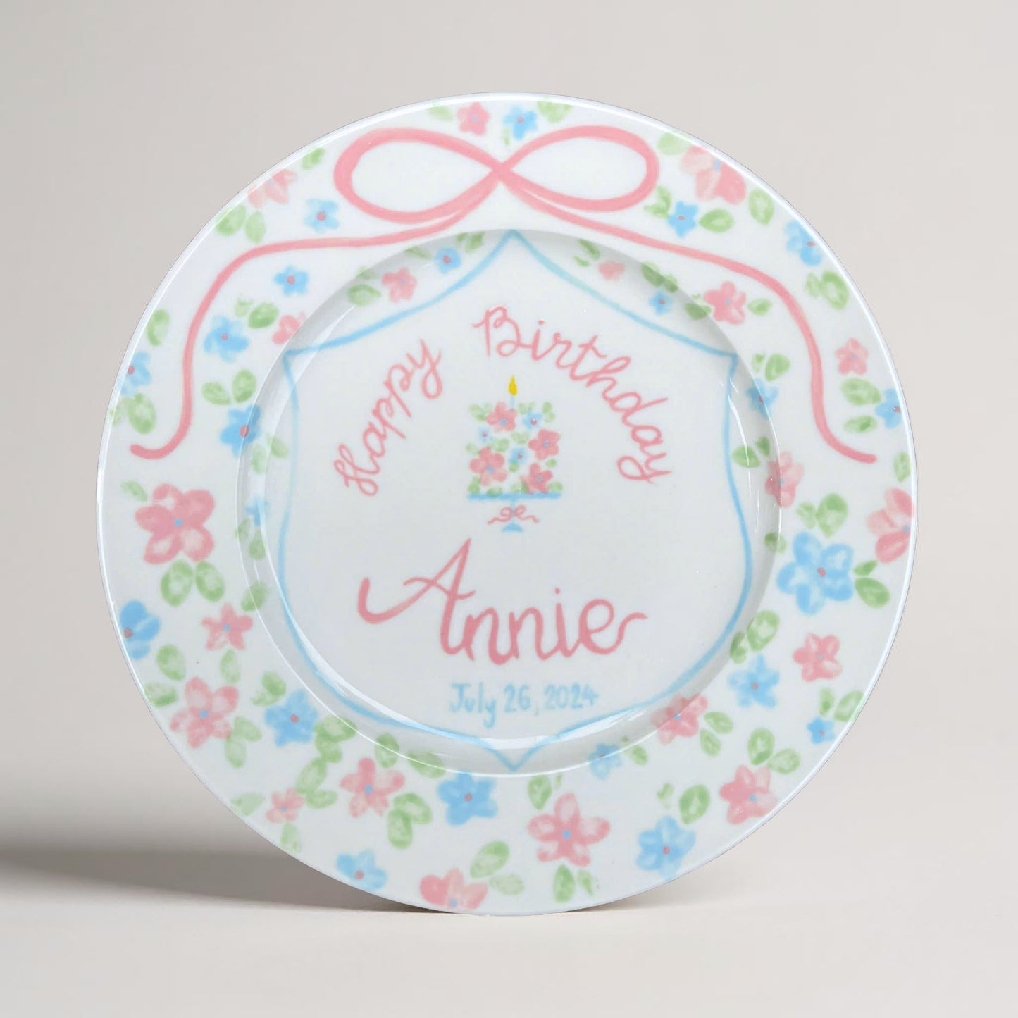 Custom Birthday Plate for Girls – Hand Painted Ceramic Plate with Name, Floral Cake Design, Ribbon Border – Personalized Gift Idea | P012
