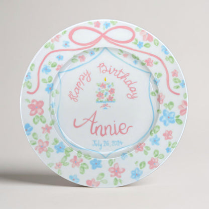 Custom Birthday Plate for Girls – Hand Painted Ceramic Plate with Name, Floral Cake Design, Ribbon Border – Personalized Gift Idea | P012