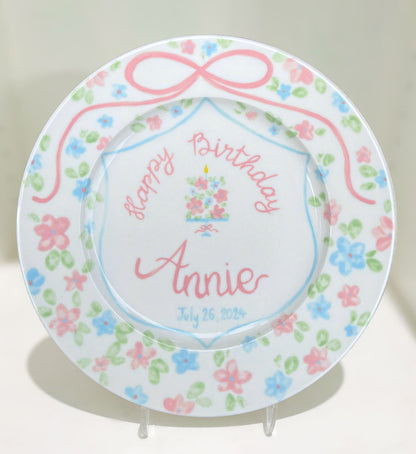 Custom Birthday Plate for Girls – Hand Painted Ceramic Plate with Name, Floral Cake Design, Ribbon Border – Personalized Gift Idea | P012