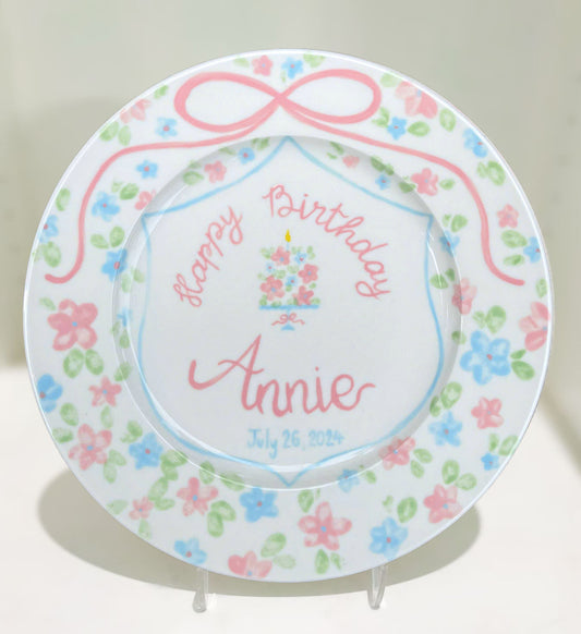 Custom Birthday Plate for Girls – Hand Painted Ceramic Plate with Name, Floral Cake Design, Ribbon Border – Personalized Gift Idea | P012