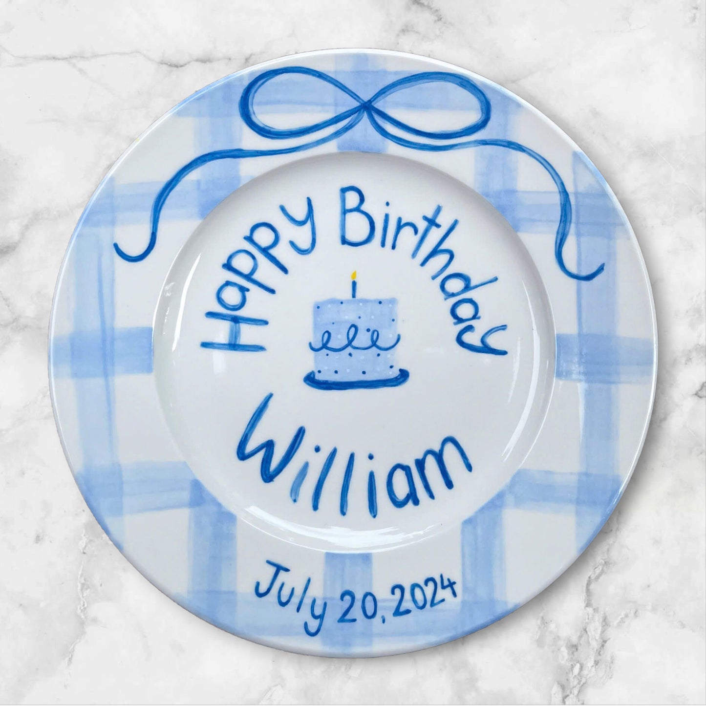 Custom Blue Birthday Plate – Hand Painted Ceramic Gift with Name, Date&Candle Cake – Unique Keepsake for Baby, Kids or First Birthday | P001