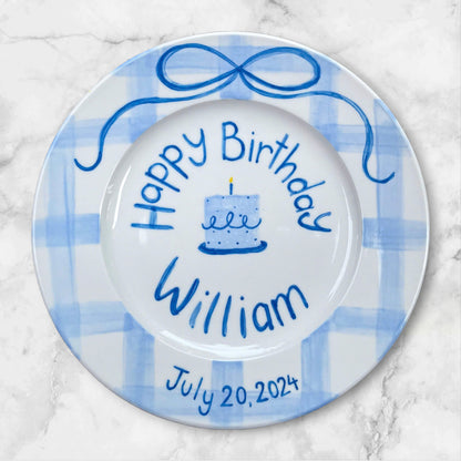 Custom Blue Birthday Plate – Hand Painted Ceramic Gift with Name, Date&Candle Cake – Unique Keepsake for Baby, Kids or First Birthday | P001
