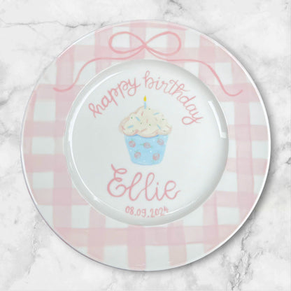 Personalized Birthday Plate for Baby Girl – Pink Gingham Ceramic Plate with Cupcake, Bow and Name – Custom Keepsake for 1st Birthday | P016