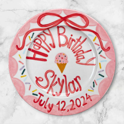Personalized Birthday Plate for Kids – Hand Painted Ceramic Plate with Ice Cream, Sprinkles and Name – Fun Summer Keepsake Gift Idea | P006
