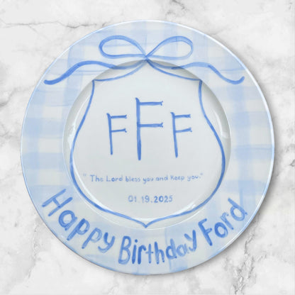 Custom Birthday Plate for Boys – Personalized Ceramic Plate with Name, Monogram, Gingham Blue Bow, Bible Verse – Gift for Kids | P013