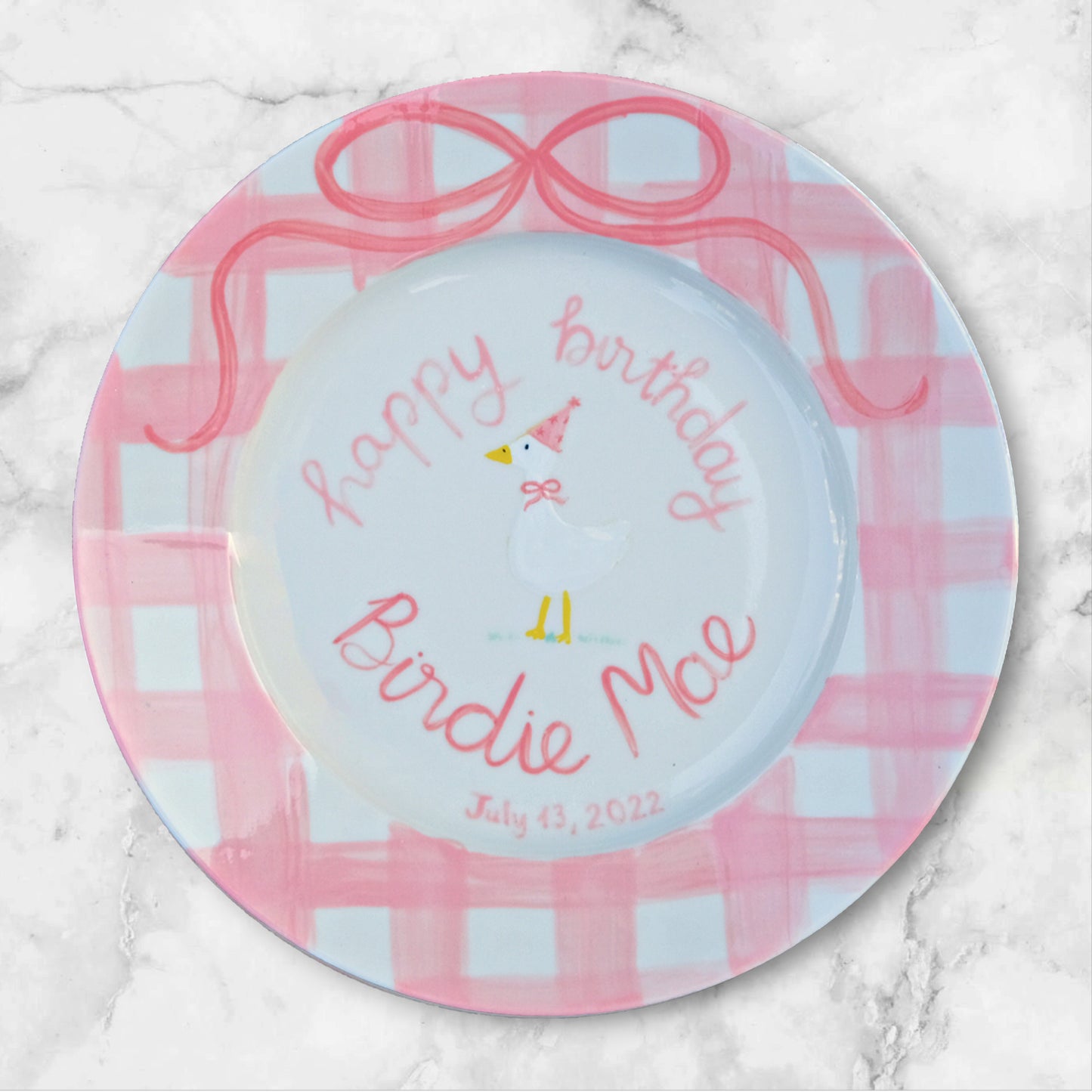 Personalized Birthday Plate for Baby Girl – Custom Ceramic Plate with Duck, Pink Gingham Border, Name and Bow – Hand Painted Keepsake | P022
