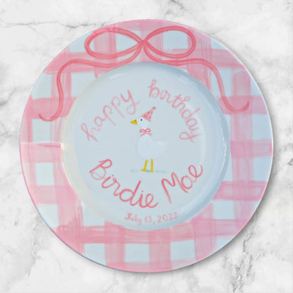 Personalized Birthday Plate for Baby Girl – Custom Ceramic Plate with Duck, Pink Gingham Border, Name and Bow – Hand Painted Keepsake | P022