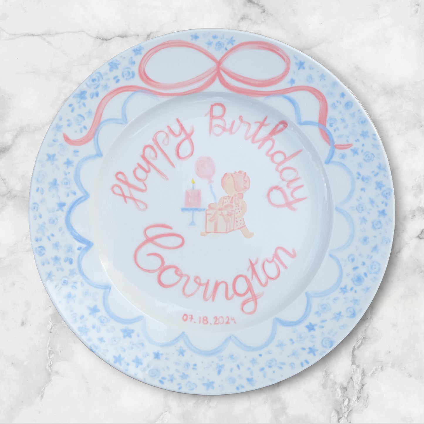 Personalized Birthday Plate for Baby Girl – Custom Ceramic Plate with Sitting Girl, Cake and Name – Hand Painted 1st Birthday Keepsake |P021