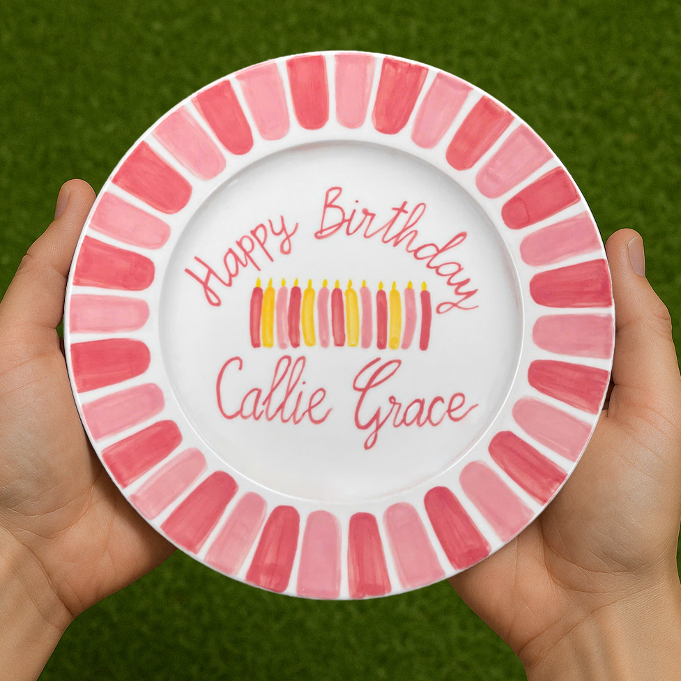 Personalized Birthday Plate for Girls – Hand Painted Ceramic with Pink Candles & Bold Border – Keepsake Gift for Baby or Toddler | P029