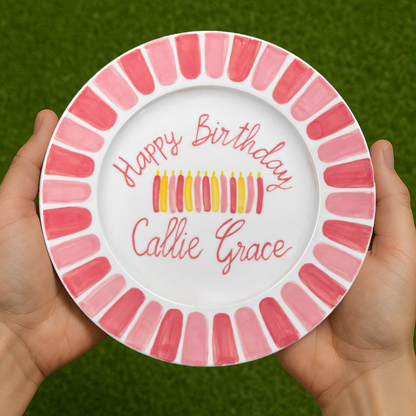 Personalized Birthday Plate for Girls – Hand Painted Ceramic with Pink Candles & Bold Border – Keepsake Gift for Baby or Toddler | P029