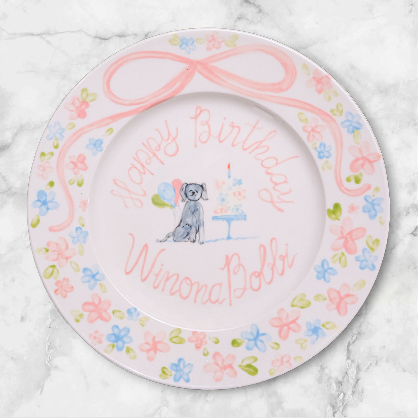 Personalized Birthday Plate with Dog and Cake – Custom Ceramic Plate for Baby Girl with Name, Floral Border and Bow–Keepsake Gift Idea |P019