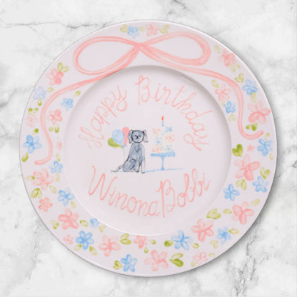 Personalized Birthday Plate with Dog and Cake – Custom Ceramic Plate for Baby Girl with Name, Floral Border and Bow–Keepsake Gift Idea |P019