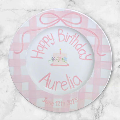Personalized Birthday Plate for Baby Girl – Custom Pink Gingham Plate with Name, Cake and Bow – Hand Painted Ceramic Keepsake Gift | P018