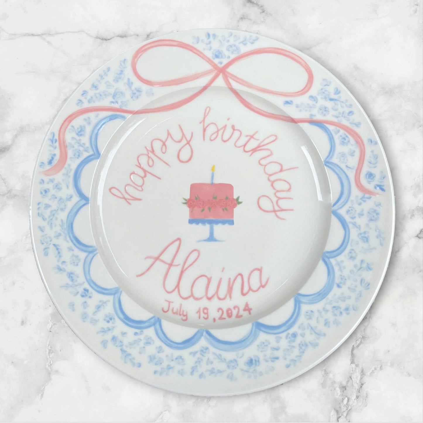 Personalized Birthday Plate for Girls – Custom Pink Cake Plate with Name, Floral Edge, Hand-Painted Ceramic Keepsake Gift Idea | P015