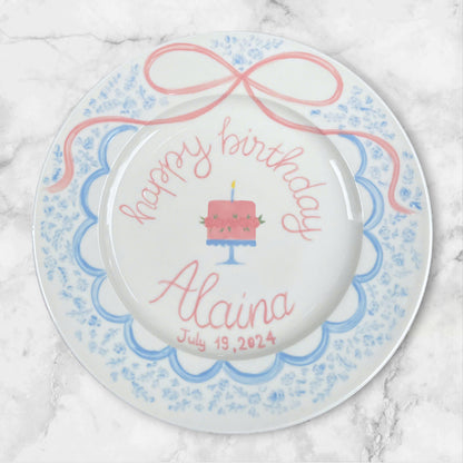 Personalized Birthday Plate for Girls – Custom Pink Cake Plate with Name, Floral Edge, Hand-Painted Ceramic Keepsake Gift Idea | P015