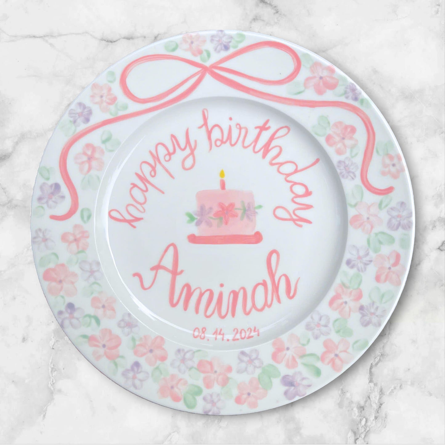 Personalized Birthday Plate for Girls – Hand Painted Ceramic Dish with Dog, Balloons & Cake – Custom Gift with Name Date Keepsake | P010
