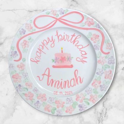 Personalized Birthday Plate for Girls – Hand Painted Ceramic Dish with Dog, Balloons & Cake – Custom Gift with Name Date Keepsake | P010