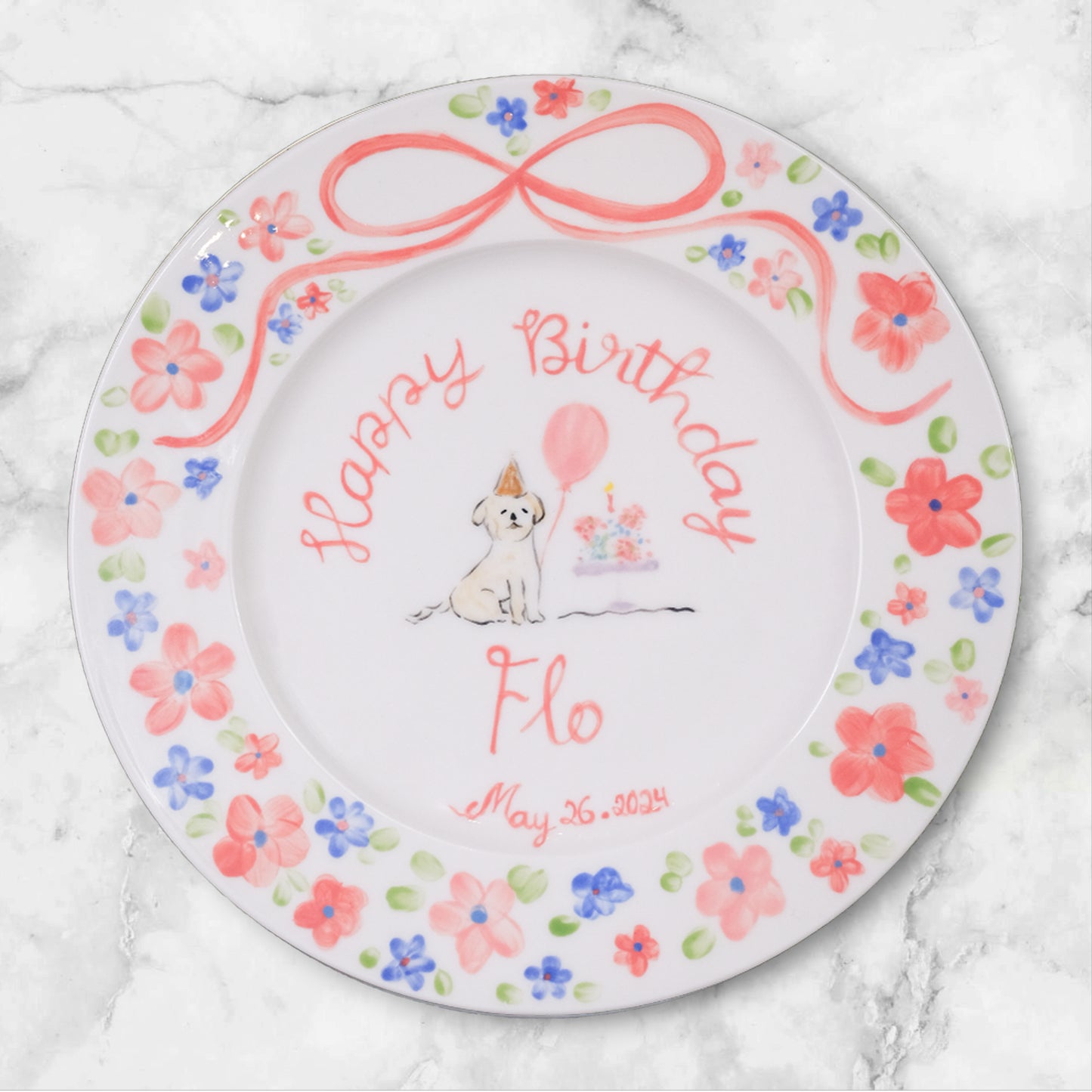 Personalized Birthday Plate for Girls – Hand Painted Ceramic Plate with Dog, Cake, Balloons – Custom Name and Date Gift for Kids | P011