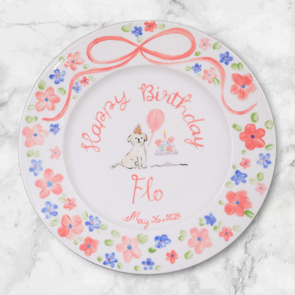 Personalized Birthday Plate for Girls – Hand Painted Ceramic Plate with Dog, Cake, Balloons – Custom Name and Date Gift for Kids | P011