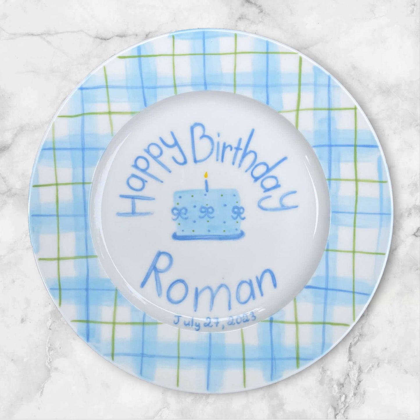 Personalized Birthday Plate for Boys – Custom Kids Plate with Name, Blue Plaid, Hand-Painted Candles, Ceramic Keepsake Gift Idea | P014