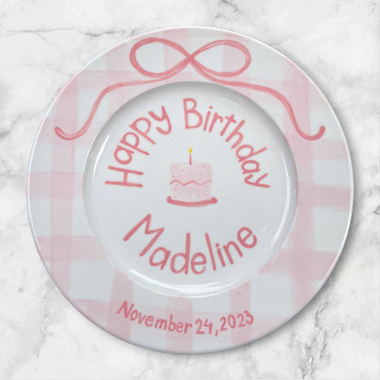 Personalized Pink Birthday Plate – Custom Name and Date – Hand Painted Ceramic Gift for Girls with Cake Ribbon Design as keepsake | P004