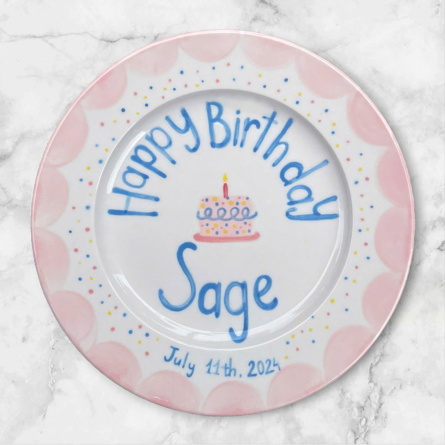 Custom Birthday Plate for Girls – Hand Painted Pink & Blue Ceramic Dish – Personalized Gift with Name Date – Keepsake for Kids | P009