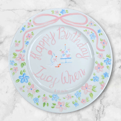 Personalized Birthday Plate for Baby Girl – Custom Floral Ceramic Plate with Duck, Cake and Name – Hand Painted 1st Birthday Keepsake | P017