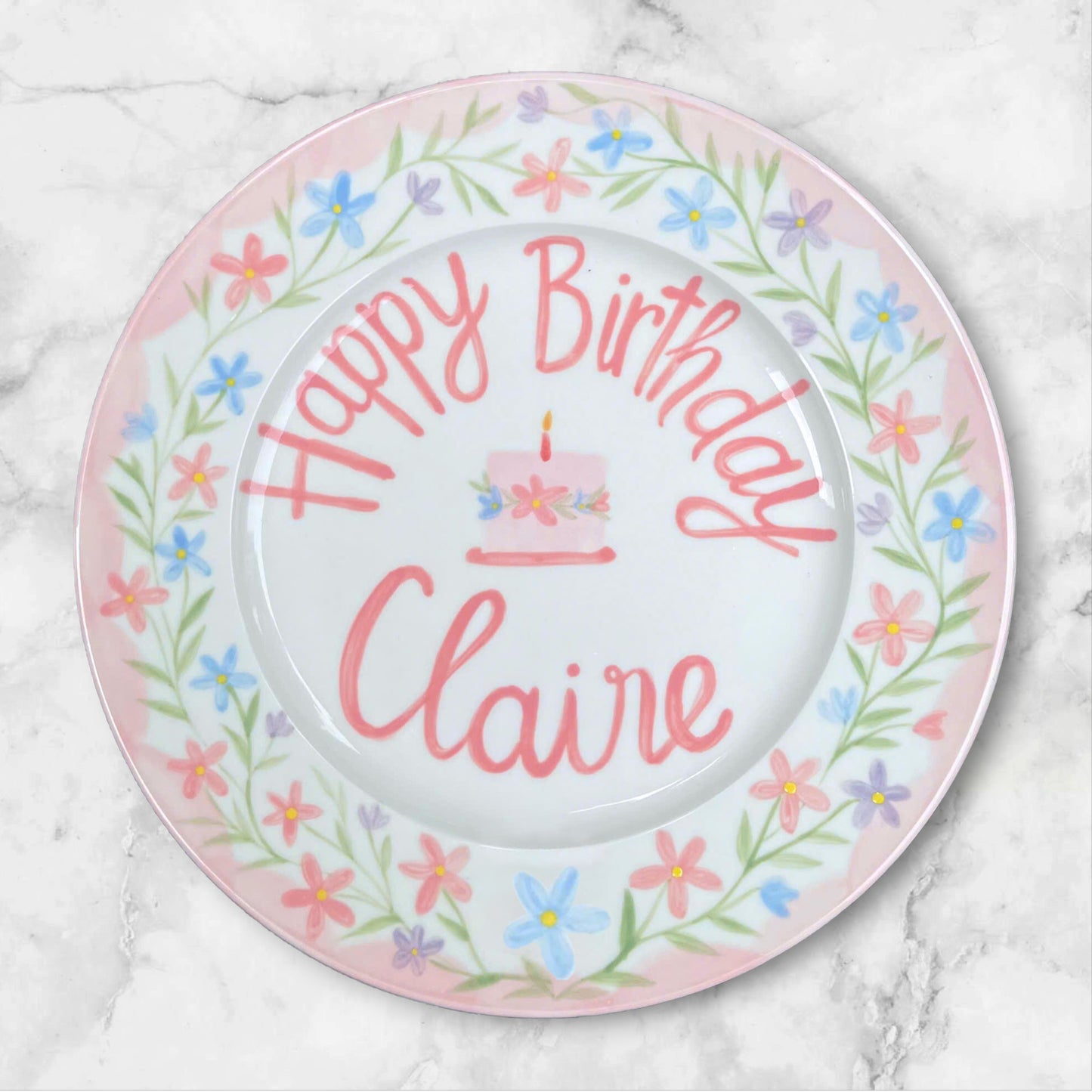 Personalized Flower Birthday Plate for Girls – Hand Painted Pink Ceramic Plate with Flowers and Name – Birthday Keepsake Gift for Kid | P007