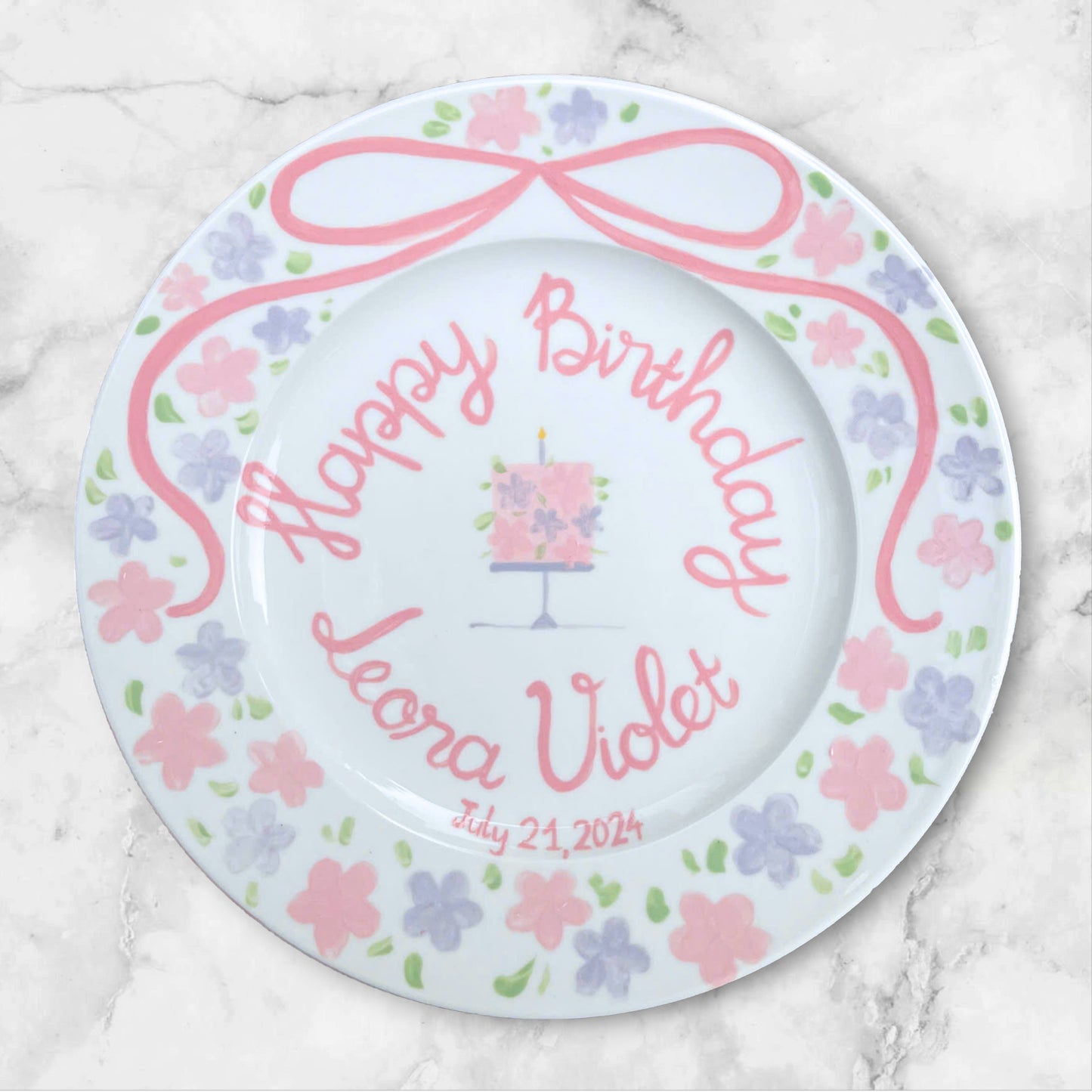 Personalized Birthday Plate for Baby Girl – Hand Painted Floral Ceramic Plate with Cake and Name – Custom Keepsake for 1st Birthday | P020
