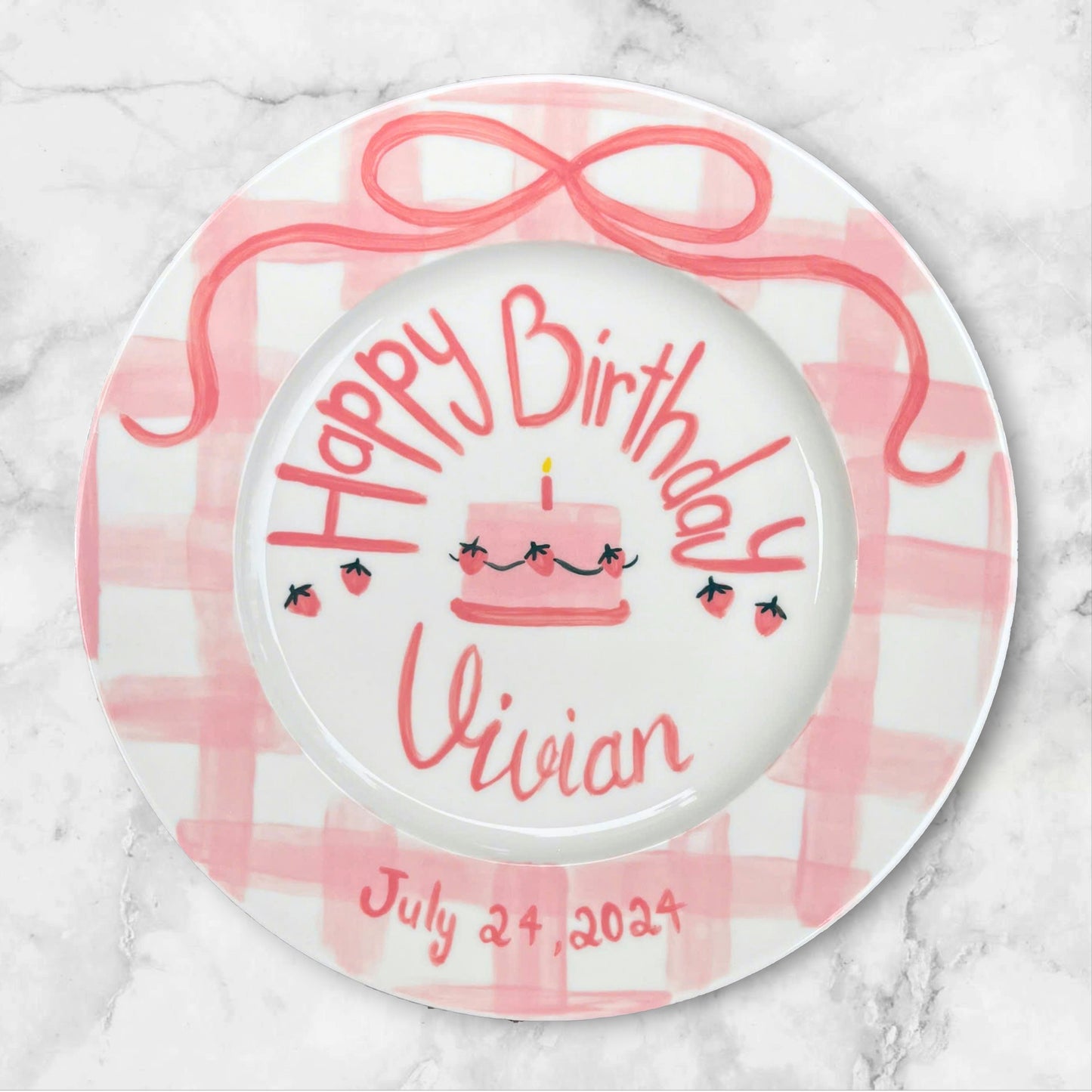 Personalized Birthday Plate for Girls – Custom Strawberry Pink Keepsake Gift – Hand Painted Ceramic Dish – Gift for Her Special Day | P008