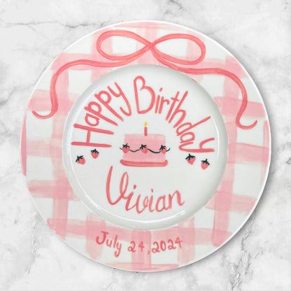Personalized Birthday Plate for Girls – Custom Strawberry Pink Keepsake Gift – Hand Painted Ceramic Dish – Gift for Her Special Day | P008