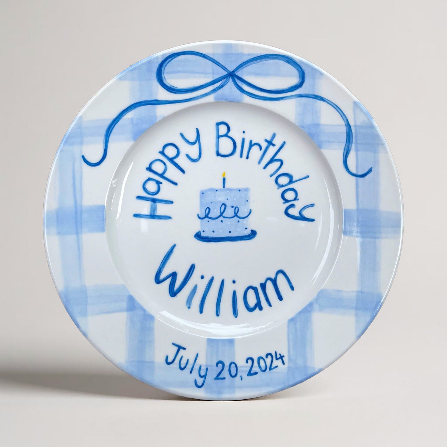Custom Blue Birthday Plate – Hand Painted Ceramic Gift with Name, Date&Candle Cake – Unique Keepsake for Baby, Kids or First Birthday | P001
