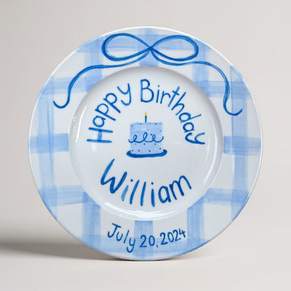 Custom Blue Birthday Plate – Hand Painted Ceramic Gift with Name, Date&Candle Cake – Unique Keepsake for Baby, Kids or First Birthday | P001