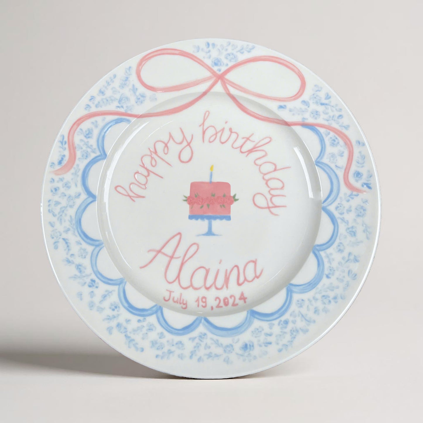 Personalized Birthday Plate for Girls – Custom Pink Cake Plate with Name, Floral Edge, Hand-Painted Ceramic Keepsake Gift Idea | P015