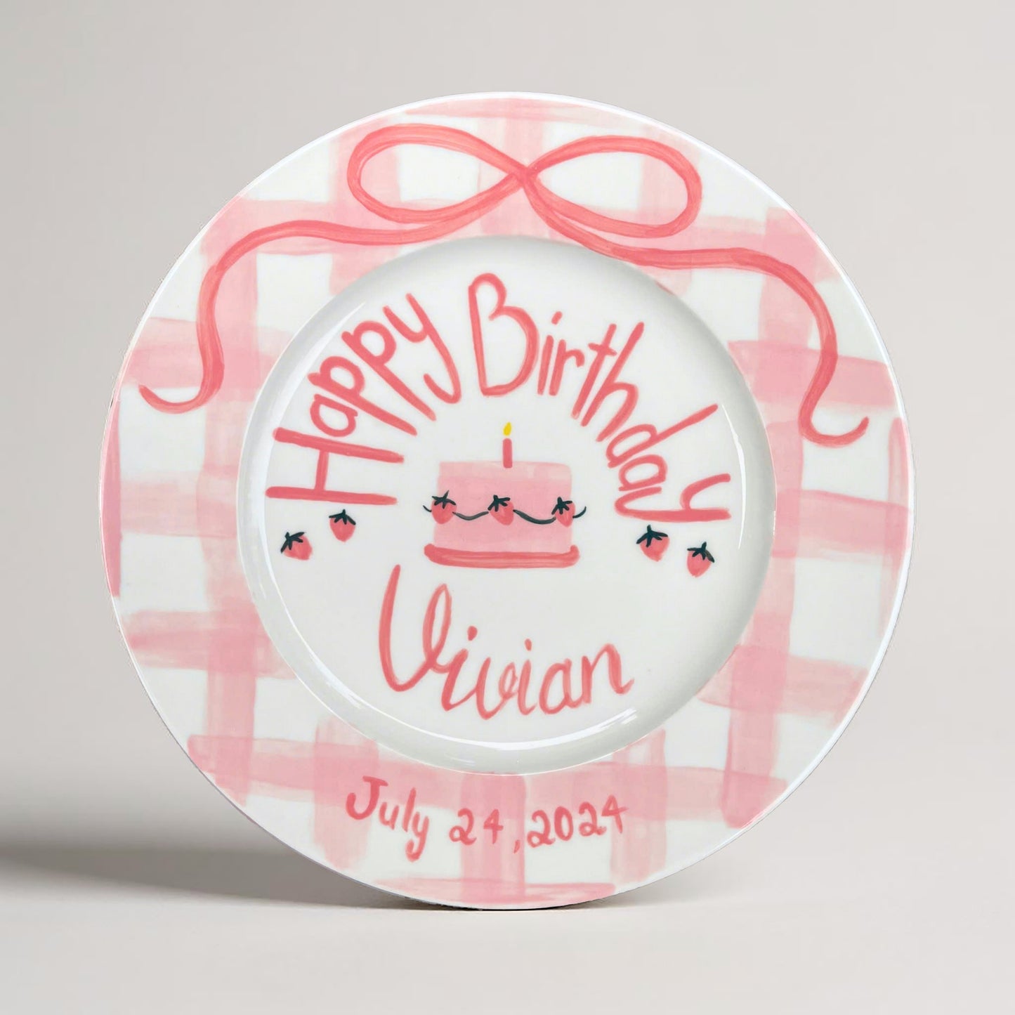 Personalized Birthday Plate for Girls – Custom Strawberry Pink Keepsake Gift – Hand Painted Ceramic Dish – Gift for Her Special Day | P008