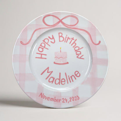 Personalized Pink Birthday Plate – Custom Name and Date – Hand Painted Ceramic Gift for Girls with Cake Ribbon Design as keepsake | P004