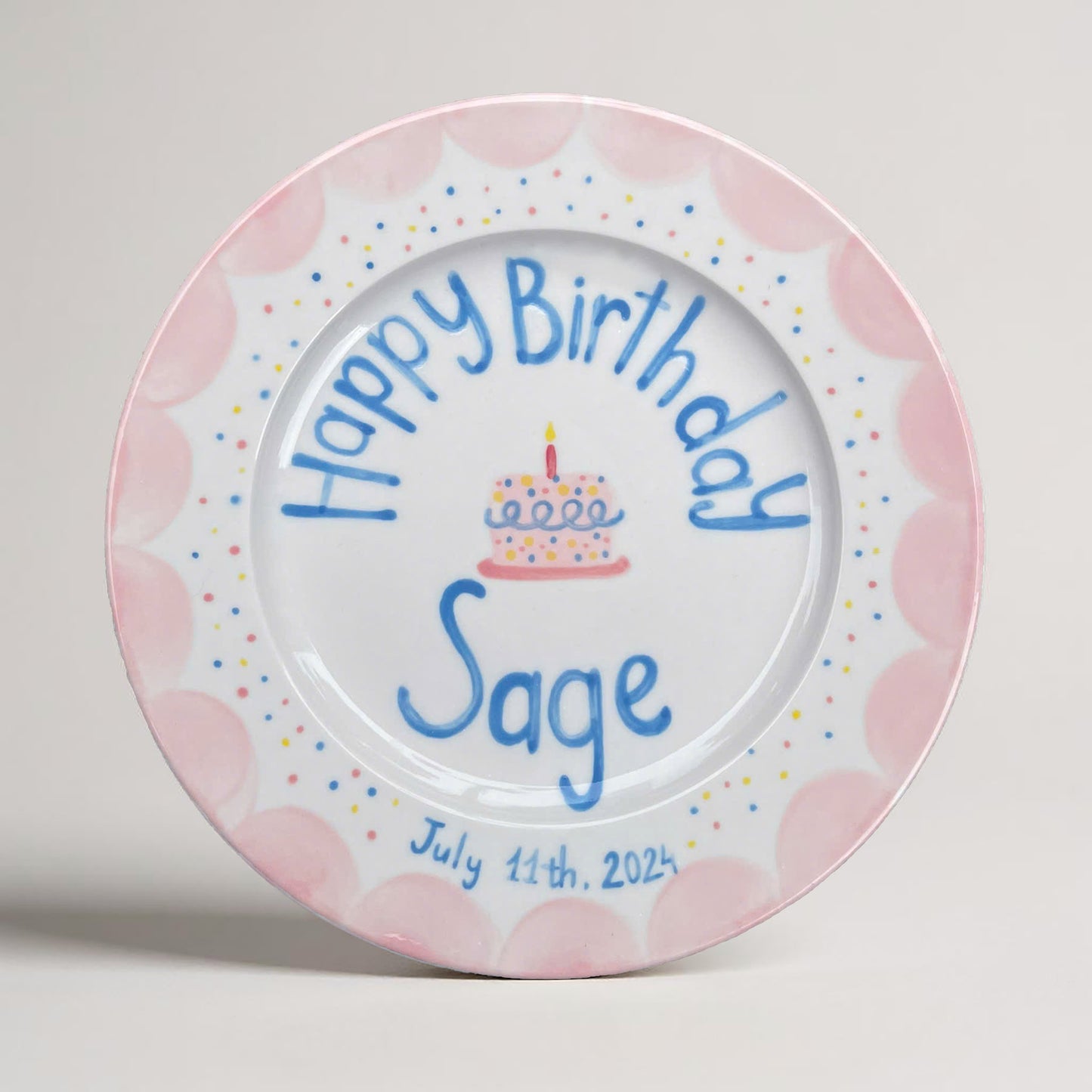 Custom Birthday Plate for Girls – Hand Painted Pink & Blue Ceramic Dish – Personalized Gift with Name Date – Keepsake for Kids | P009